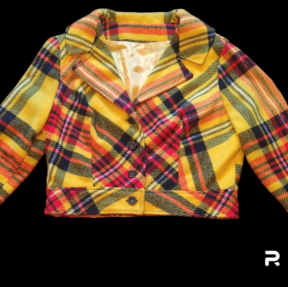 Vintage 1970's Handmade Plaid Button-up Jacket-Women's Small-Yellow, Black & Red - Picture 6 of 8